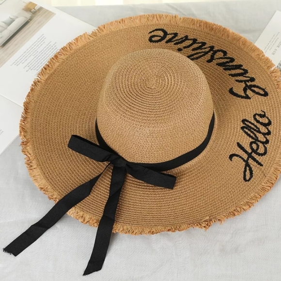 LAST 1- GRAY "HELLO SUNSHINE"  straw sun hat - Picture 6 of 7